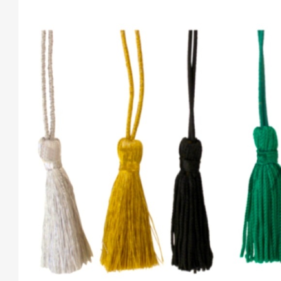 Tassels 10” Metallic Gold from top to bottom, elastic loop with rayon 2” tassel. - Picture 1 of 3